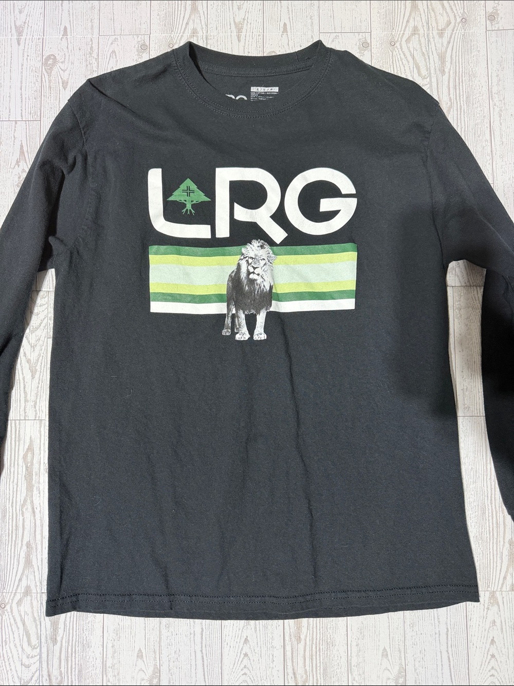 LRG Black Long Sleeve Tee with Green Stripe & Lion Graphic